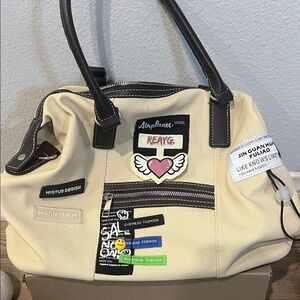 Trendy Beige Satchel with Fun Patches